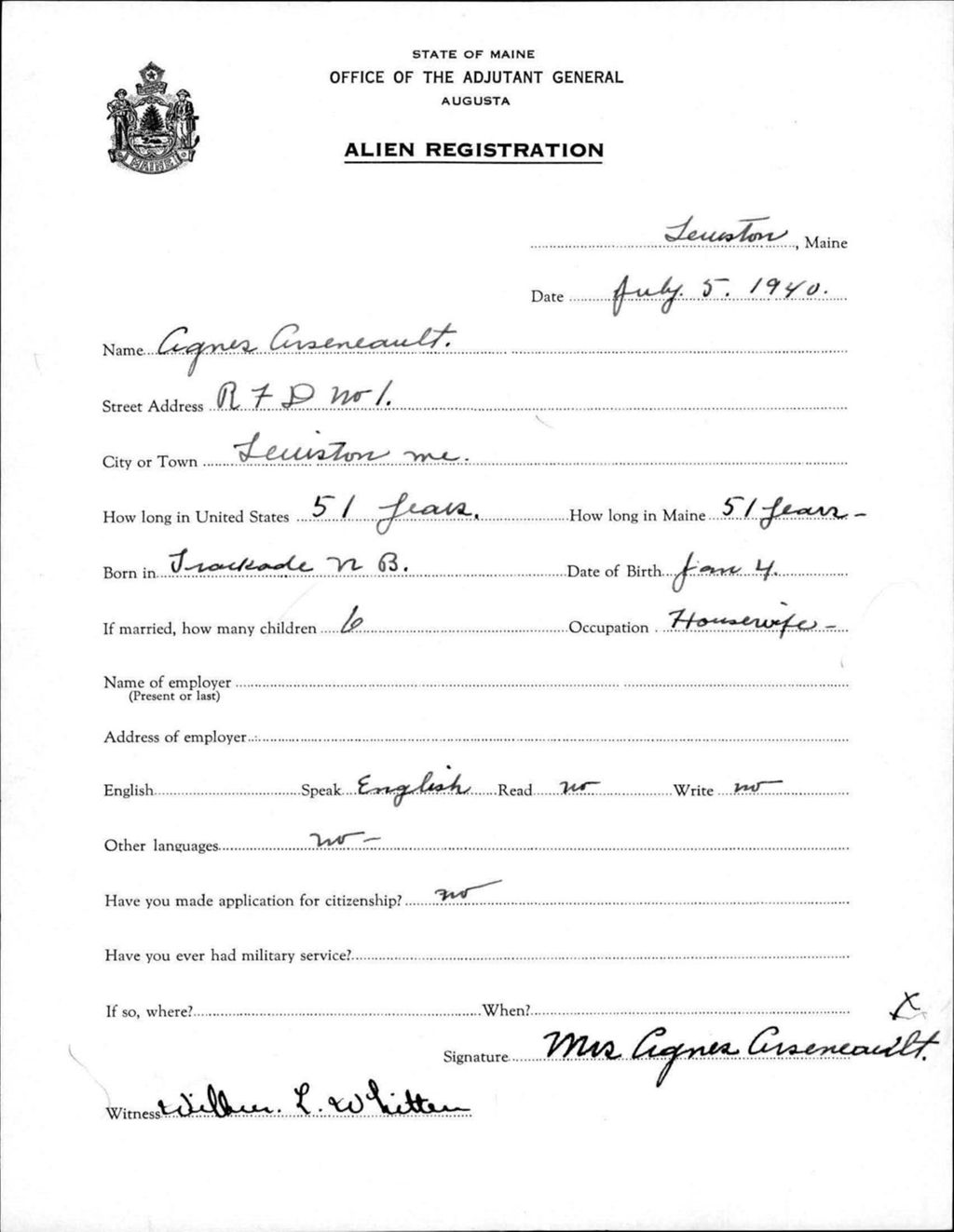 Miniature of Alien Registration- Arsenault, Agnes (Lewiston, Androscoggin County)