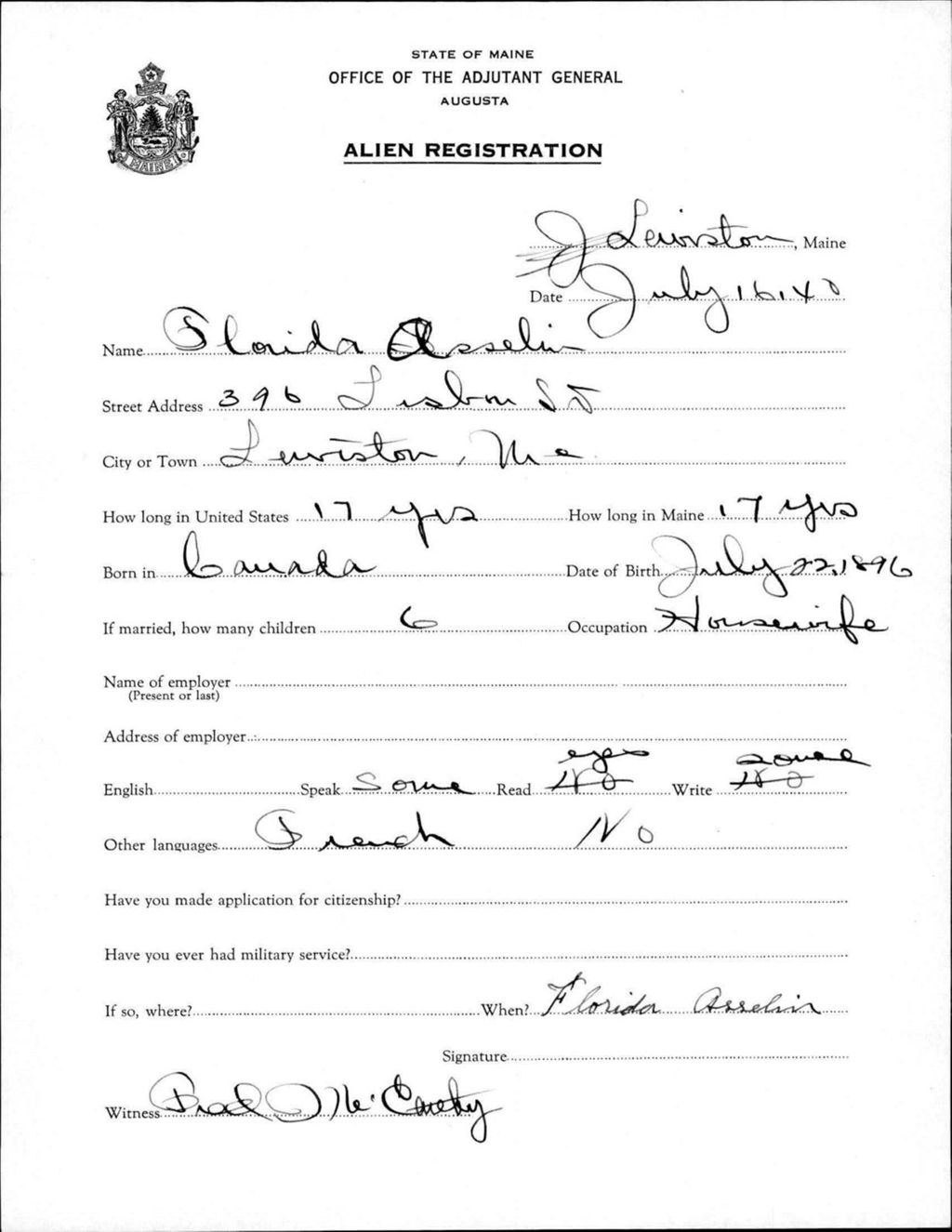 Miniature of Alien Registration- Asselin, Florida (Lewiston, Androscoggin County)