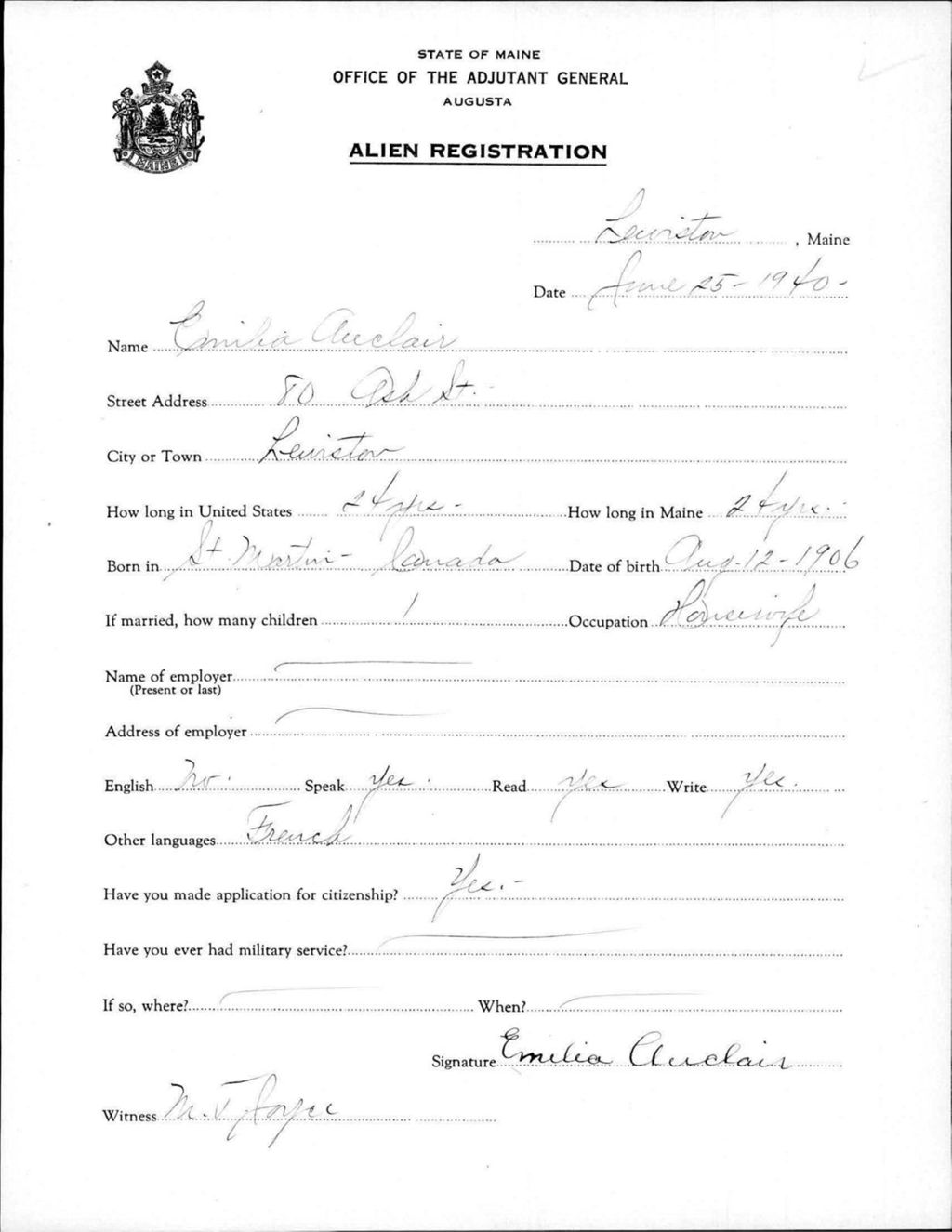Miniature of Alien Registration- Auclair, Emilia (Lewiston, Androscoggin County)