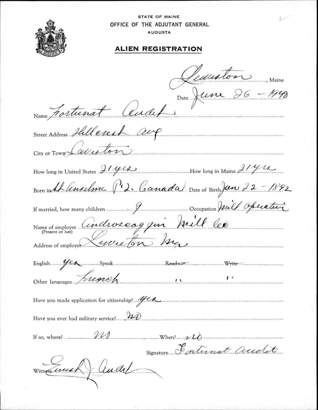 Miniature of Alien Registration- Audet, Fortunat (Lewiston, Androscoggin County)