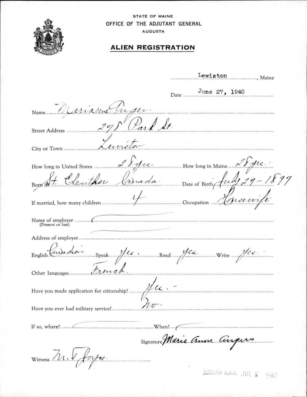 Miniature of Alien Registration- Auger, Marianne (Lewiston, Androscoggin County)