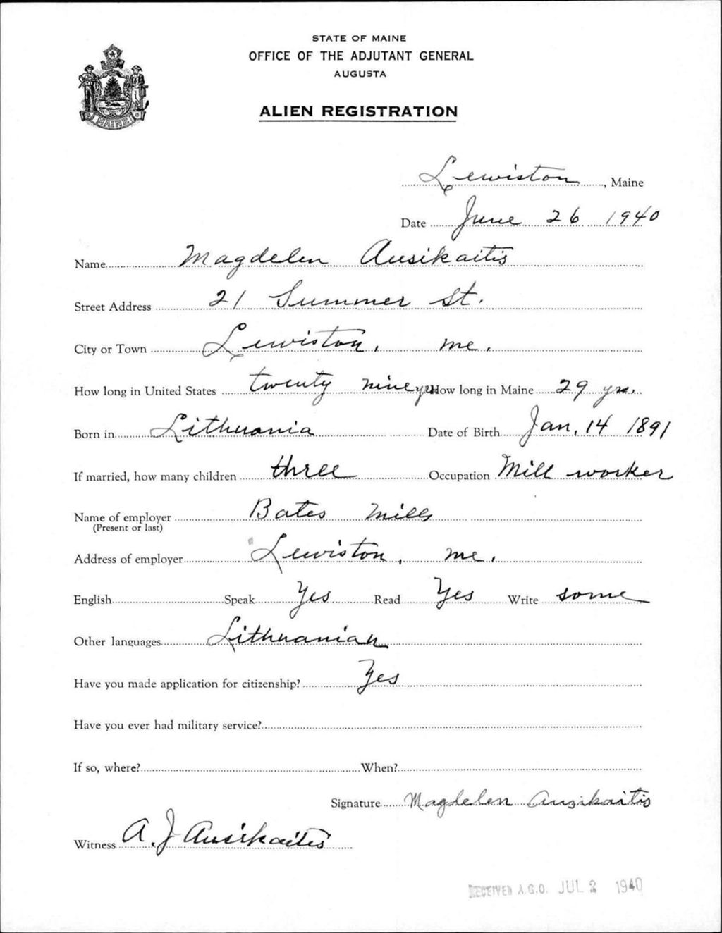 Miniature of Alien Registration- Ausikaitis, Magdelin (Lewiston, Androscoggin County)