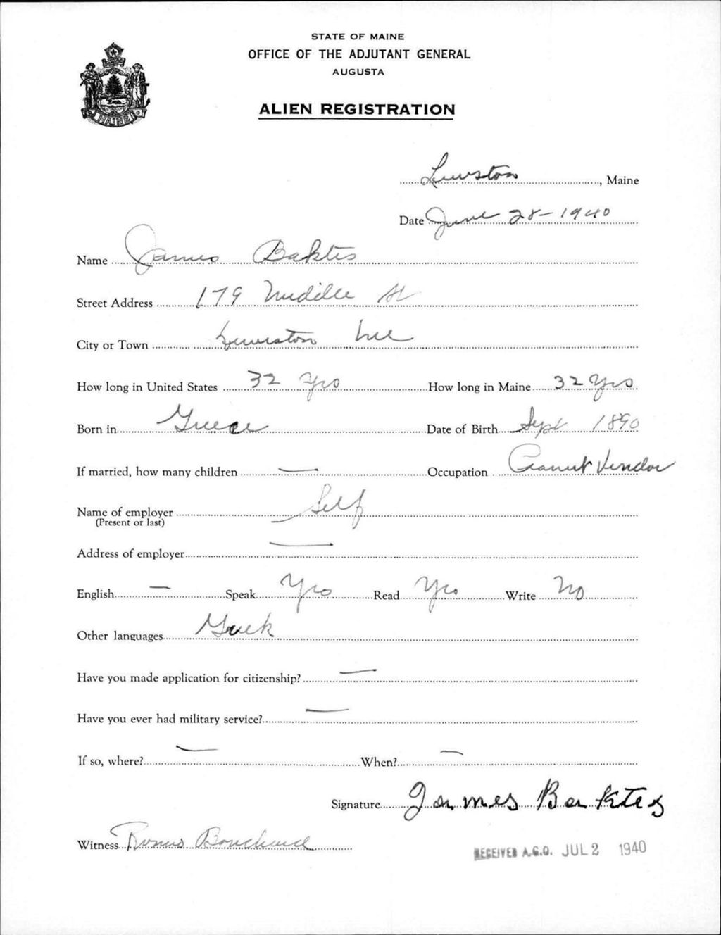 Miniature of Alien Registration- Baktis, James (Lewiston, Androscoggin County)