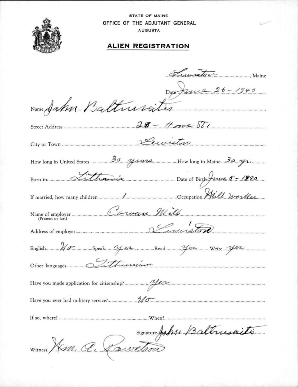 Miniature of Alien Registration- Baltsuseitis, John (Lewiston, Androscoggin County)