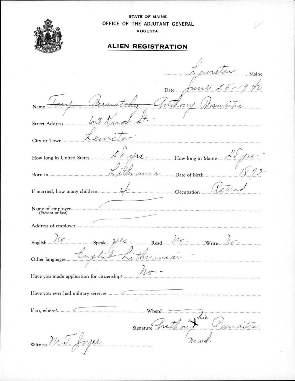 Miniature of Alien Registration- Banaitis, Anthony (Lewiston, Androscoggin County)