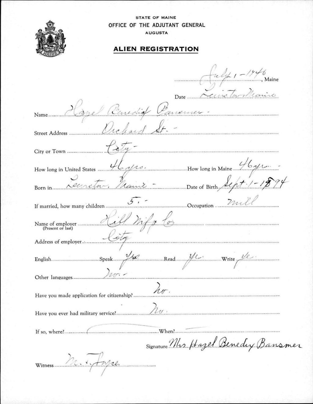 Miniature of Alien Registration- Benedix, Hazel (Lewiston, Androscoggin County)