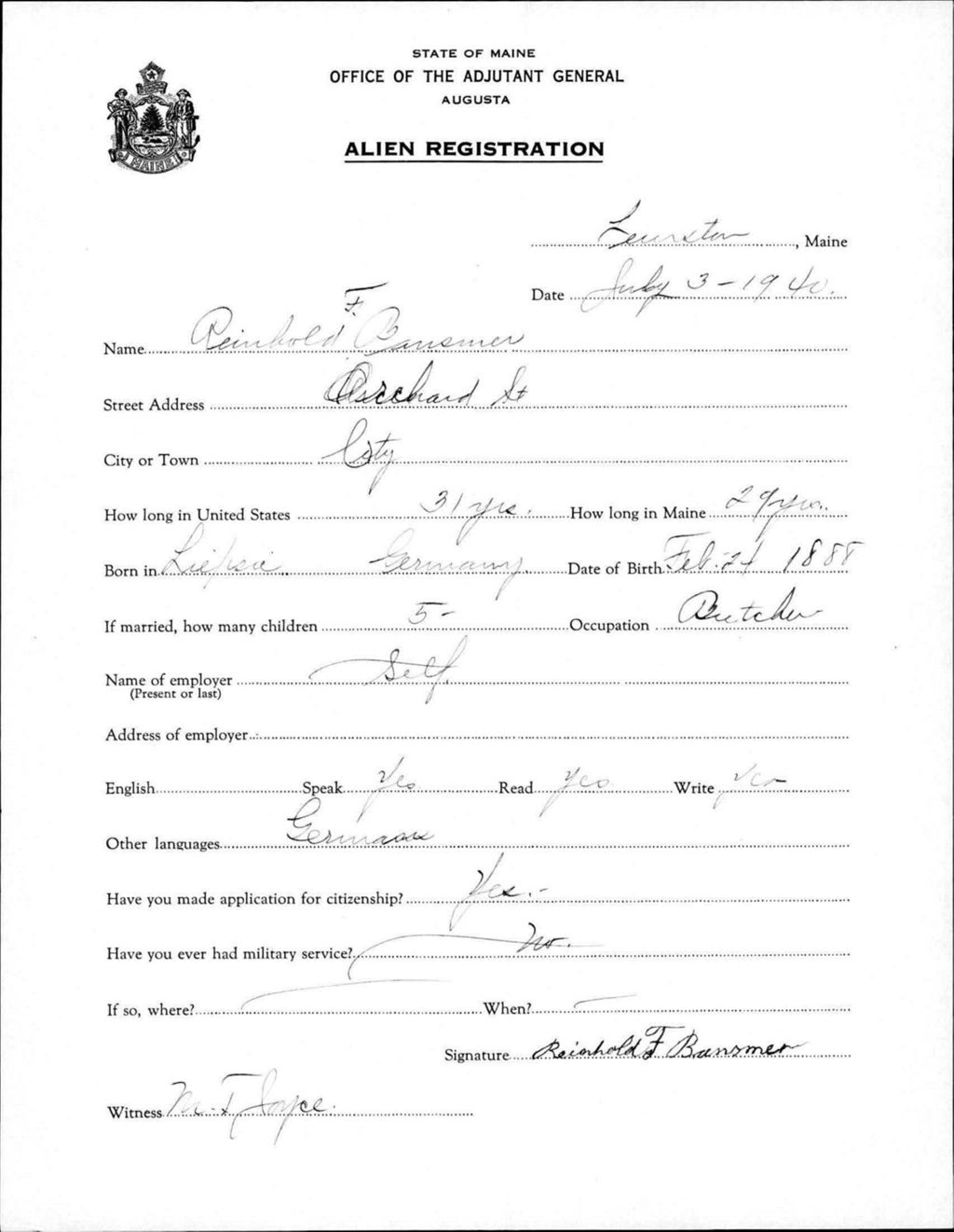 Miniature of Alien Registration- Bansmer, Reinhold F. (Lewiston, Androscoggin County)