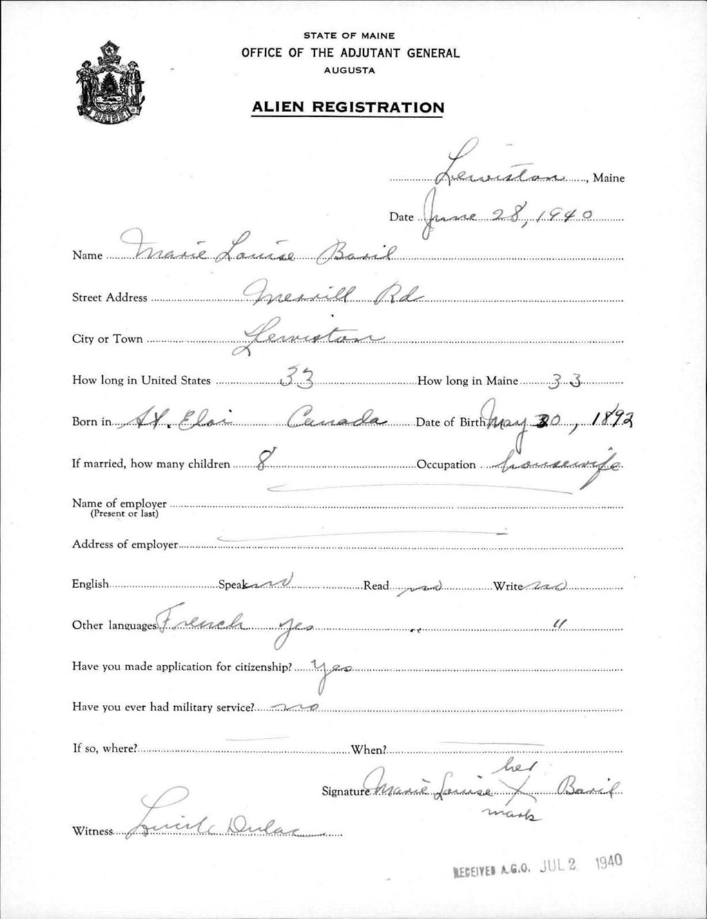 Miniature of Alien Registration- Baril, Marie L. (Lewiston, Androscoggin County)