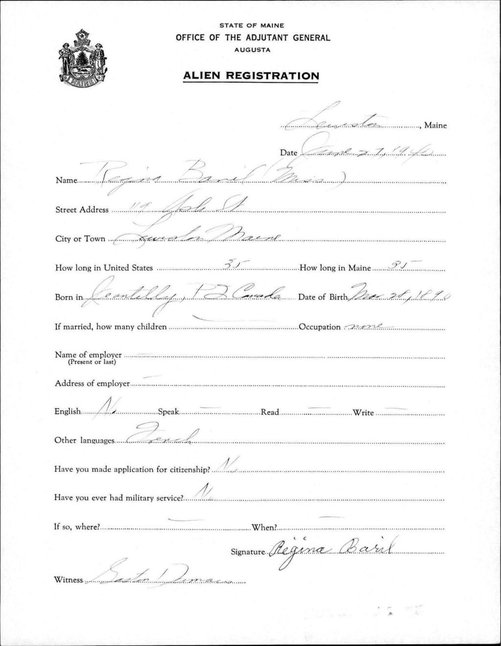 Miniature of Alien Registration- Baril, Regina (Lewiston, Androscoggin County)