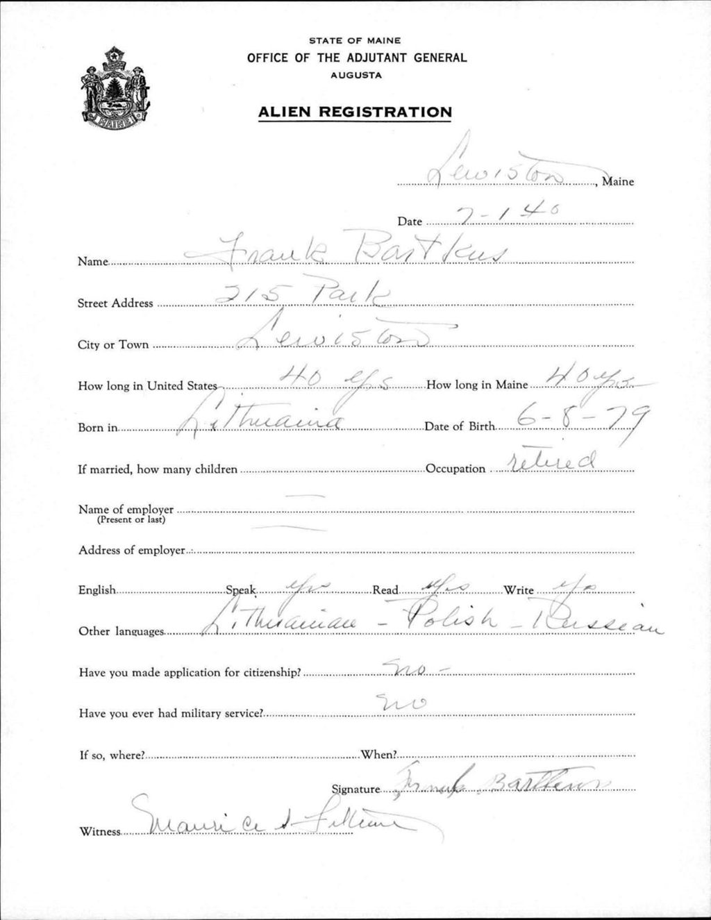 Miniature of Alien Registration- Bartkus, Frank (Lewiston, Androscoggin County)