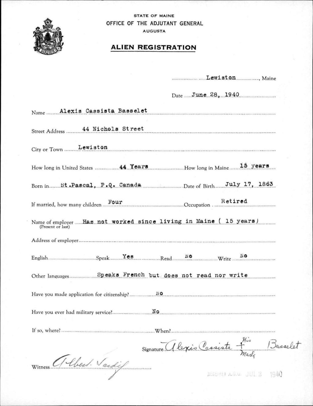 Miniature of Alien Registration- Basselet, Alexis C. (Lewiston, Androscoggin County)