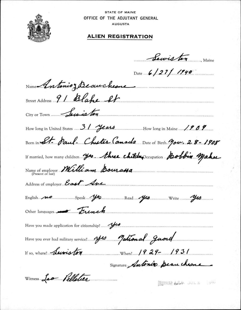 Miniature of Alien Registration- Beauchesne, Antonio (Lewiston, Androscoggin County)