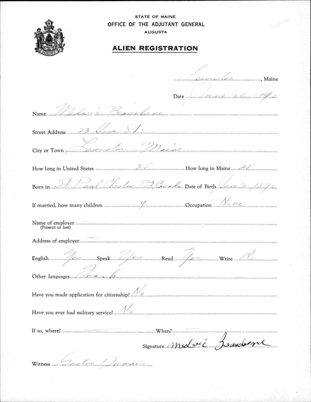 Miniature of Alien Registration- Beauchene, Madore (Lewiston, Androscoggin County)