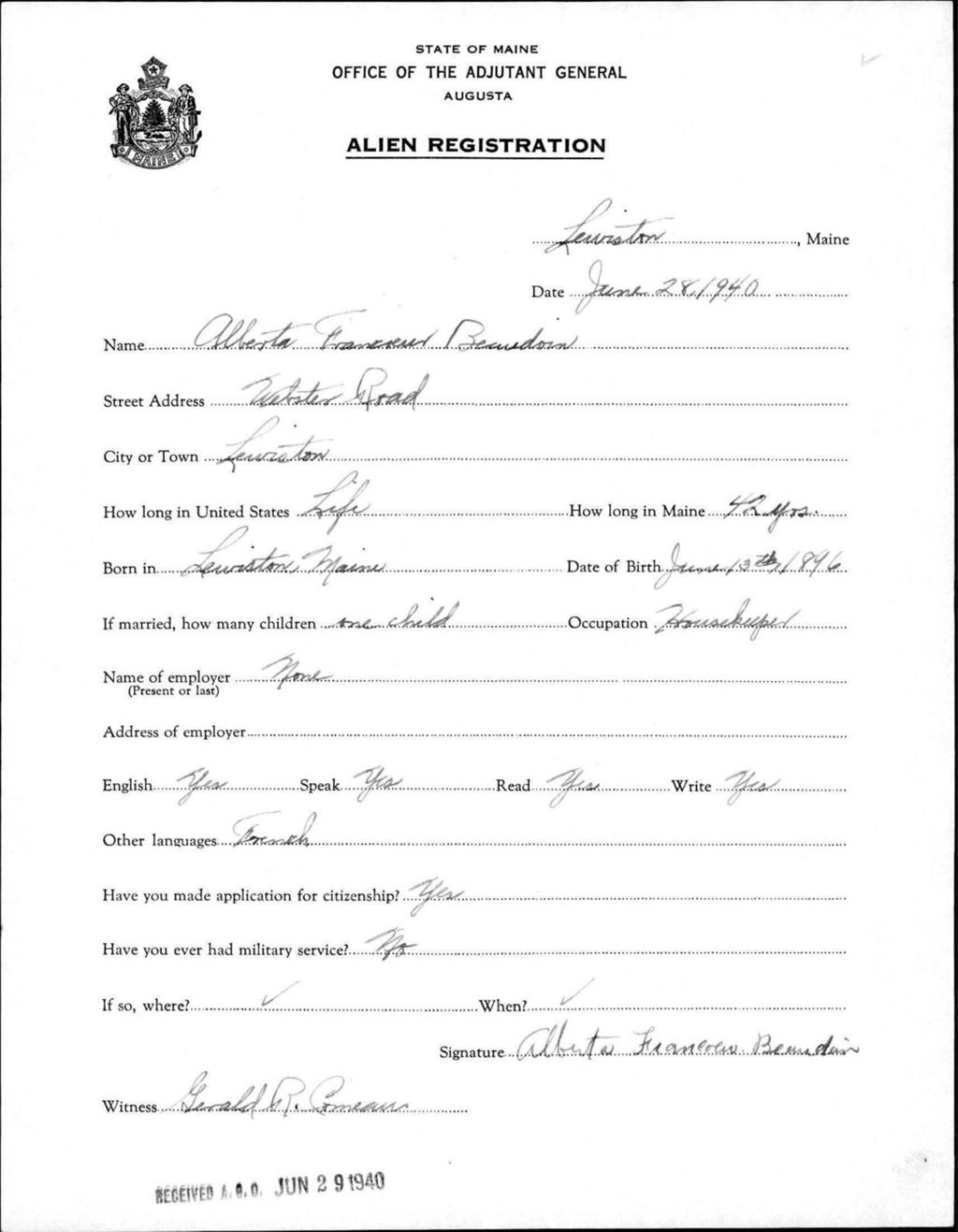 Miniature of Alien Registration- Beaudoin, Alberta F. (Lewiston, Androscoggin County)
