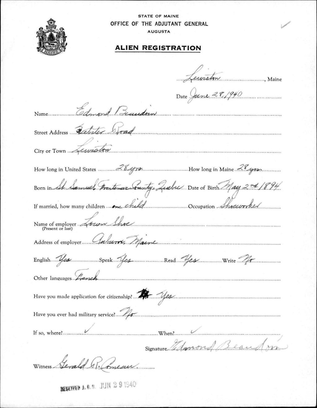 Miniature of Alien Registration- Beaudoin, Edmond (Lewiston, Androscoggin County)
