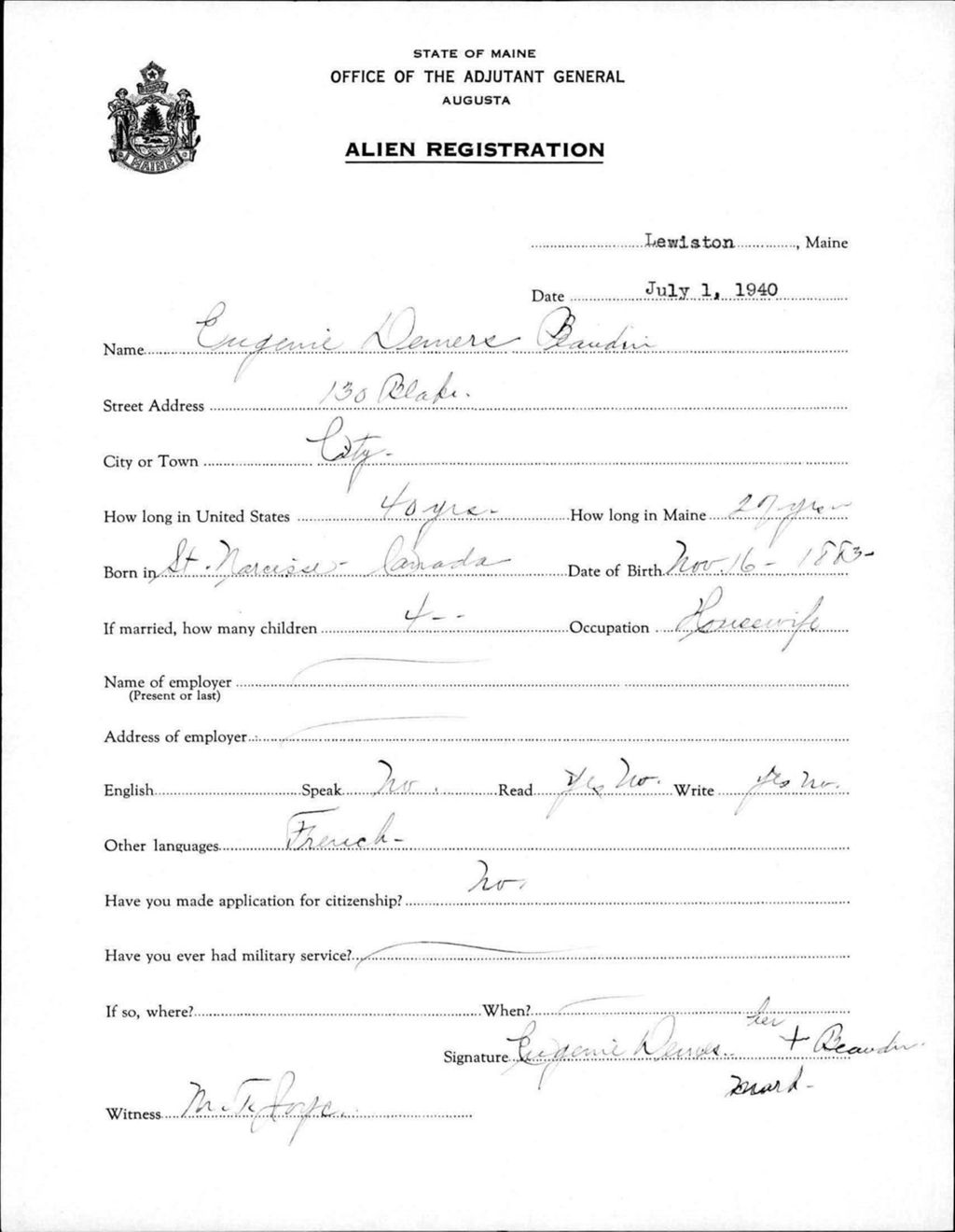 Miniature of Alien Registration- Demers, Eugenie (Lewiston, Androscoggin County)