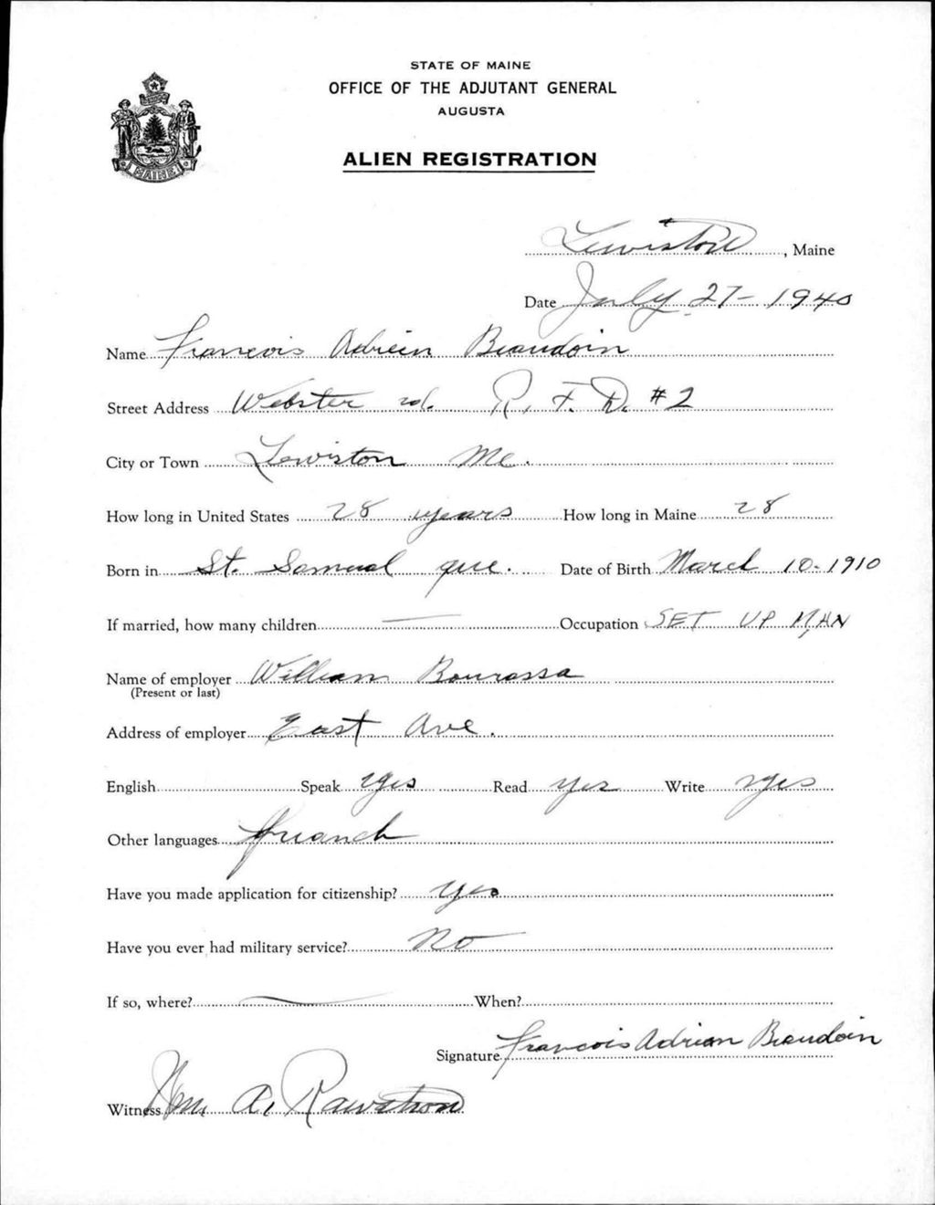 Miniature of Alien Registration- Beaudoin, Francois A. (Lewiston, Androscoggin County)