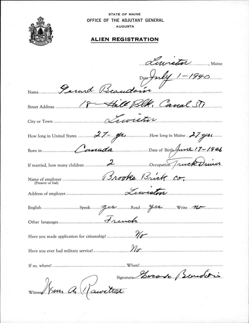 Miniature of Alien Registration- Beaudoin, Gerard (Lewiston, Androscoggin County)