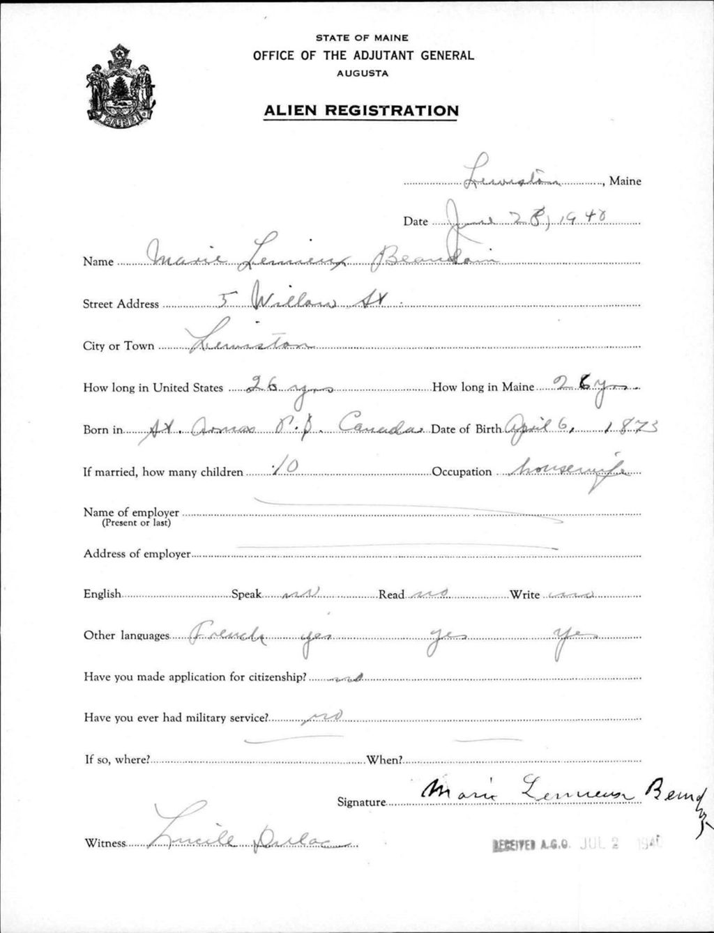 Miniature of Alien Registration- Lemieux, Marie (Lewiston, Androscoggin County)