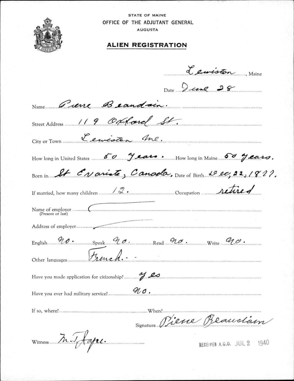 Miniature of Alien Registration- Beaudoin, Pierre (Lewiston, Androscoggin County)