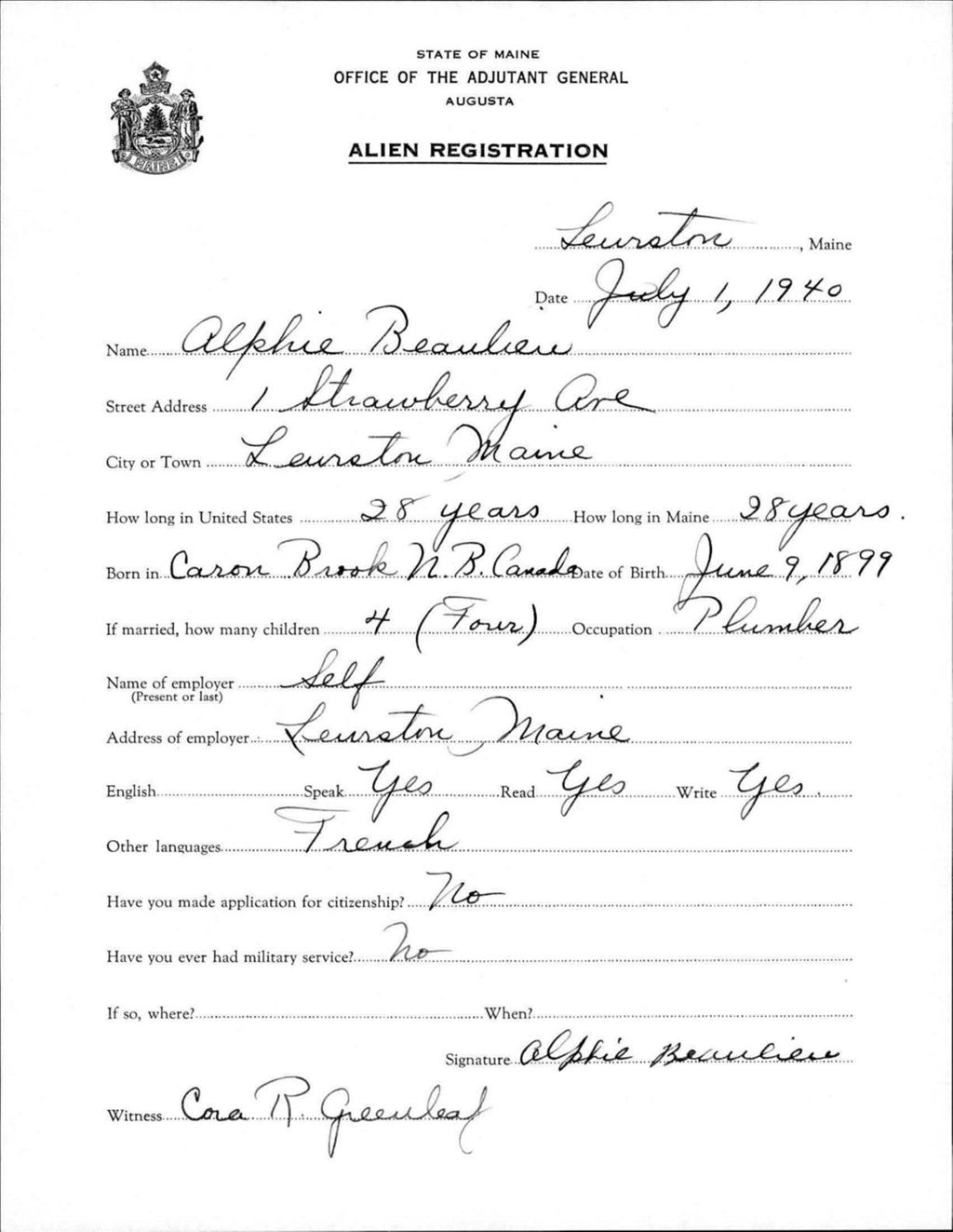 Miniature of Alien Registration- Beaulieu, Alphie (Lewiston, Androscoggin County)