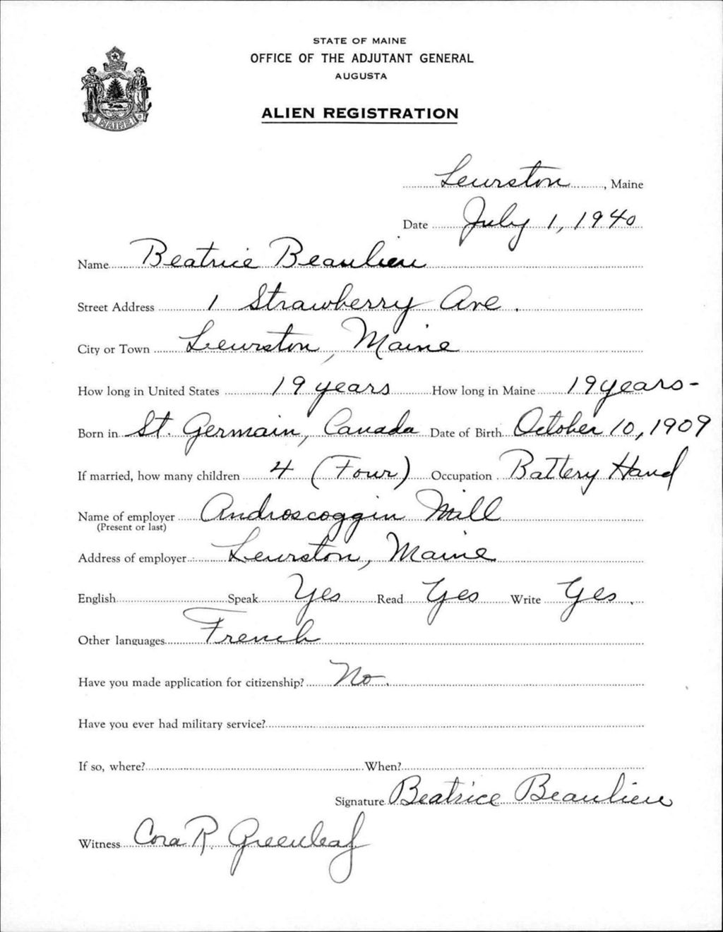 Miniature of Alien Registration- Beaulieu, Beatrice (Lewiston, Androscoggin County)