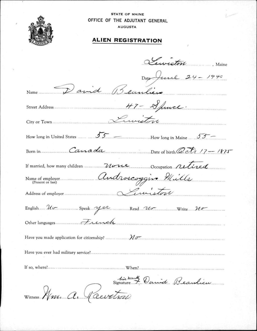 Miniature of Alien Registration- Beaulieu, David (Lewiston, Androscoggin County)