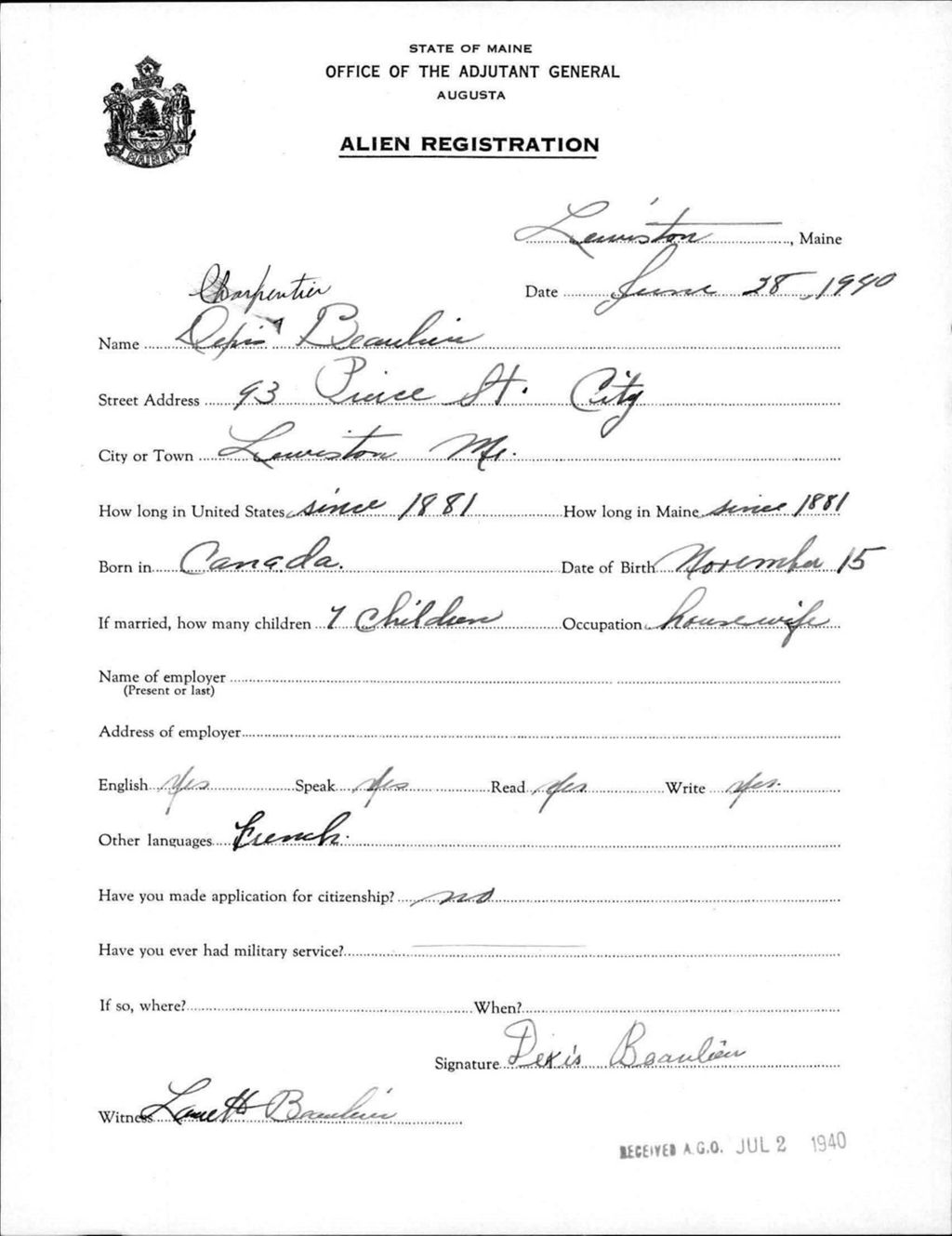 Miniature of Alien Registration- Charpentier, Dexis (Lewiston, Androscoggin County)