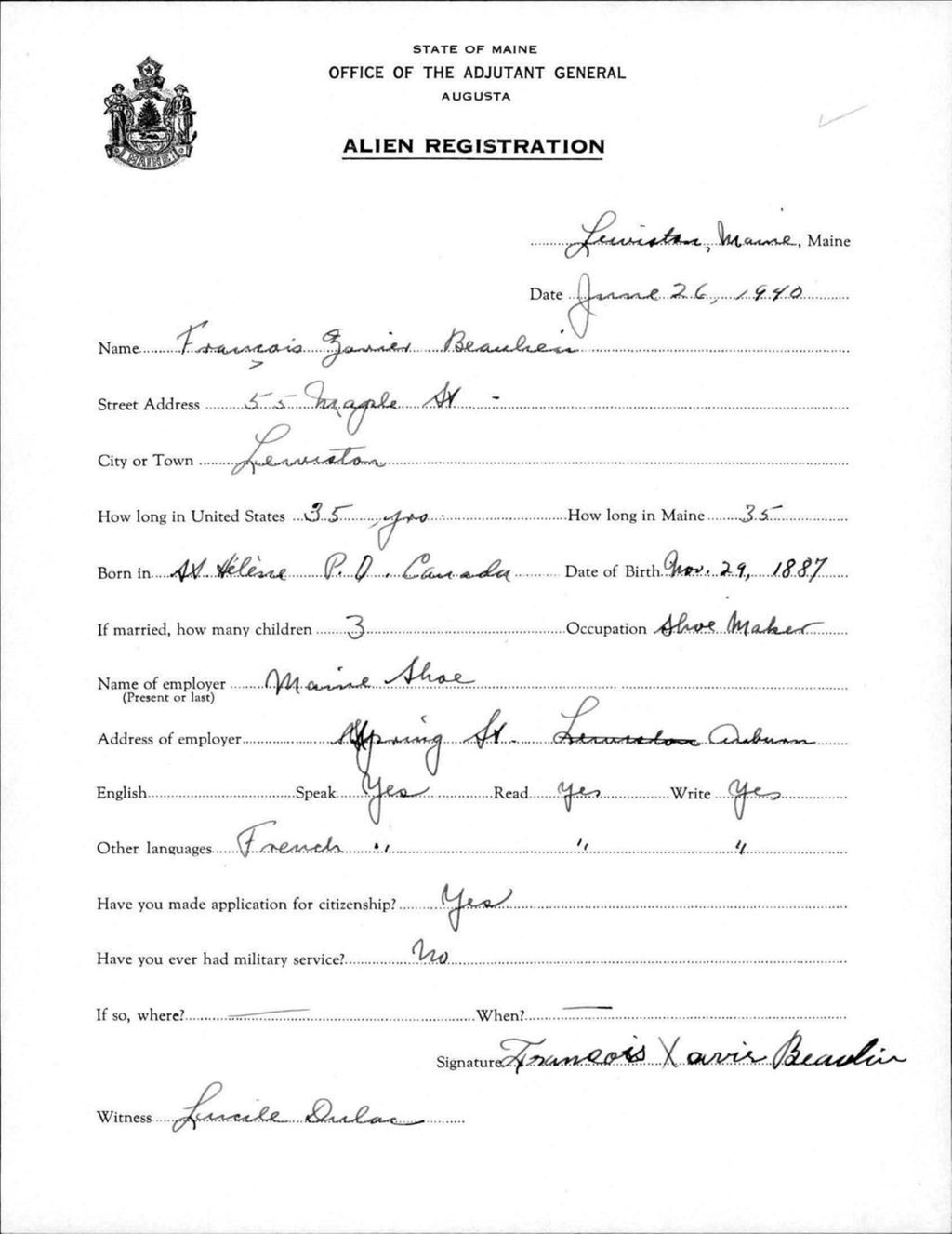 Miniature of Alien Registration- Beaulieu, Francis Z. (Lewiston, Androscoggin County)