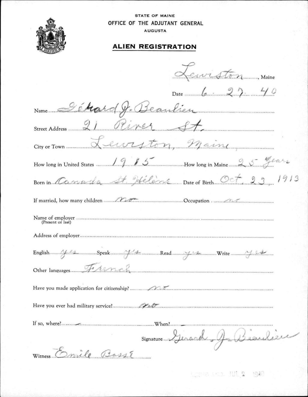 Miniature of Alien Registration- Beaulieu, Gerard J. (Lewiston, Androscoggin County)