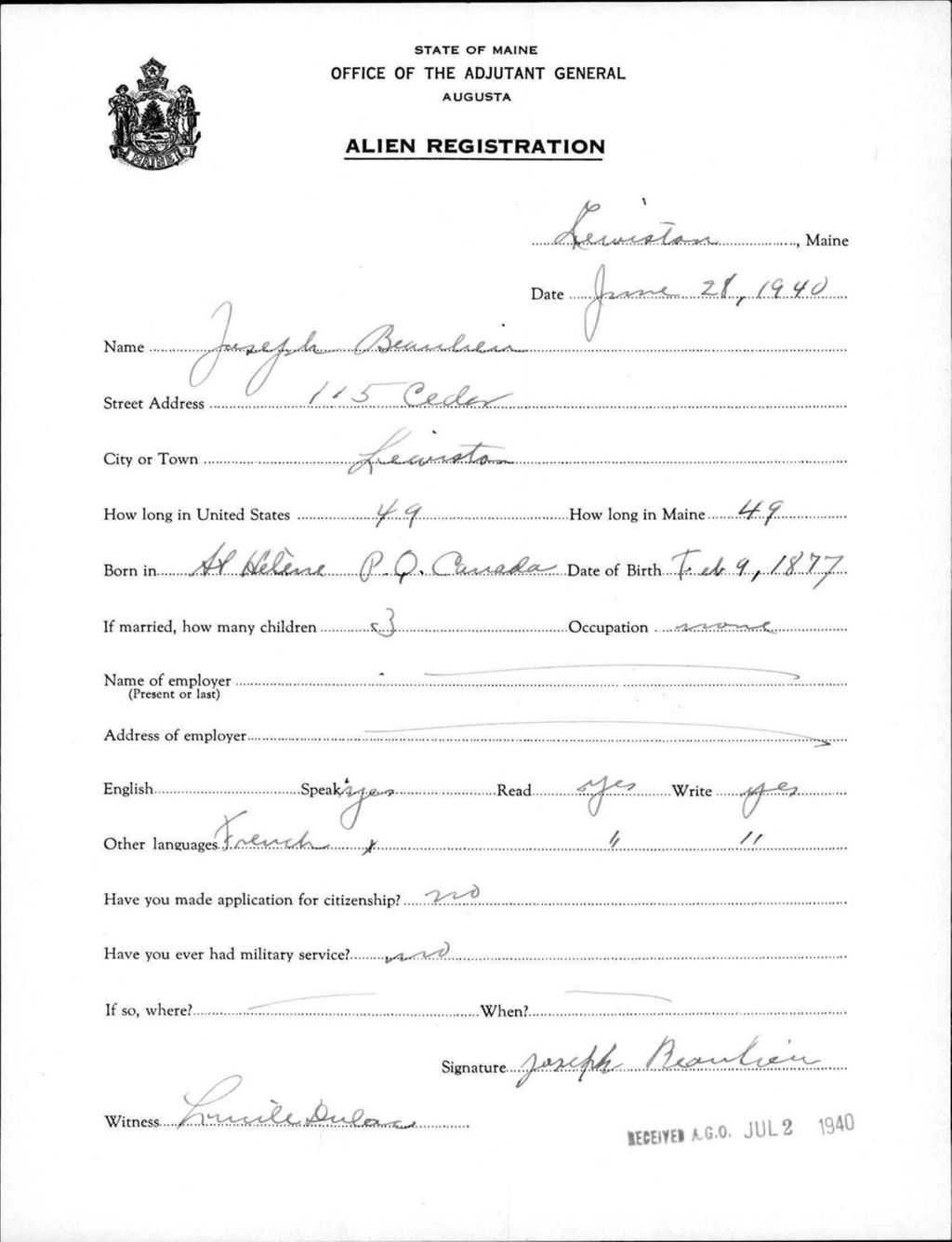 Miniature of Alien Registration- Beaulieu, Joseph (Lewiston, Androscoggin County)