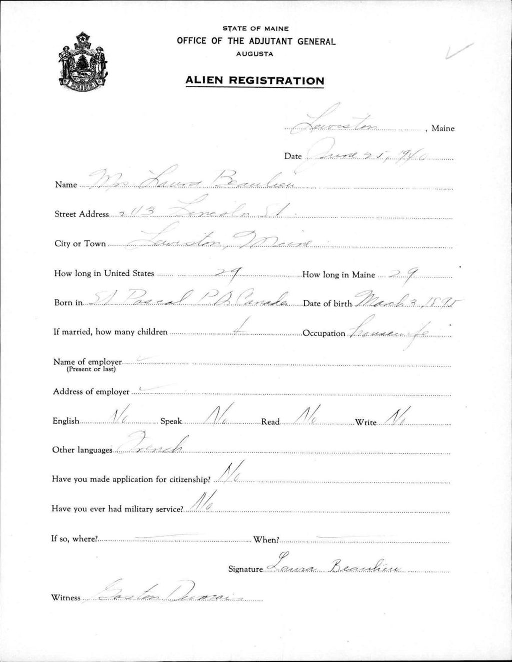 Miniature of Alien Registration- Beaulieu, Laura (Lewiston, Androscoggin County)