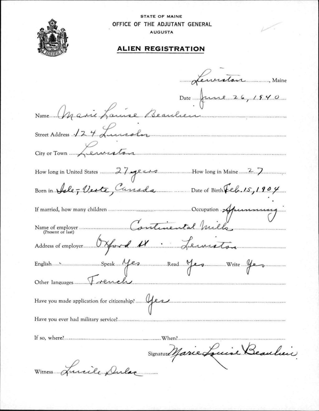 Miniature of Alien Registration- Beaulieu, Marie L. (Lewiston, Androscoggin County)