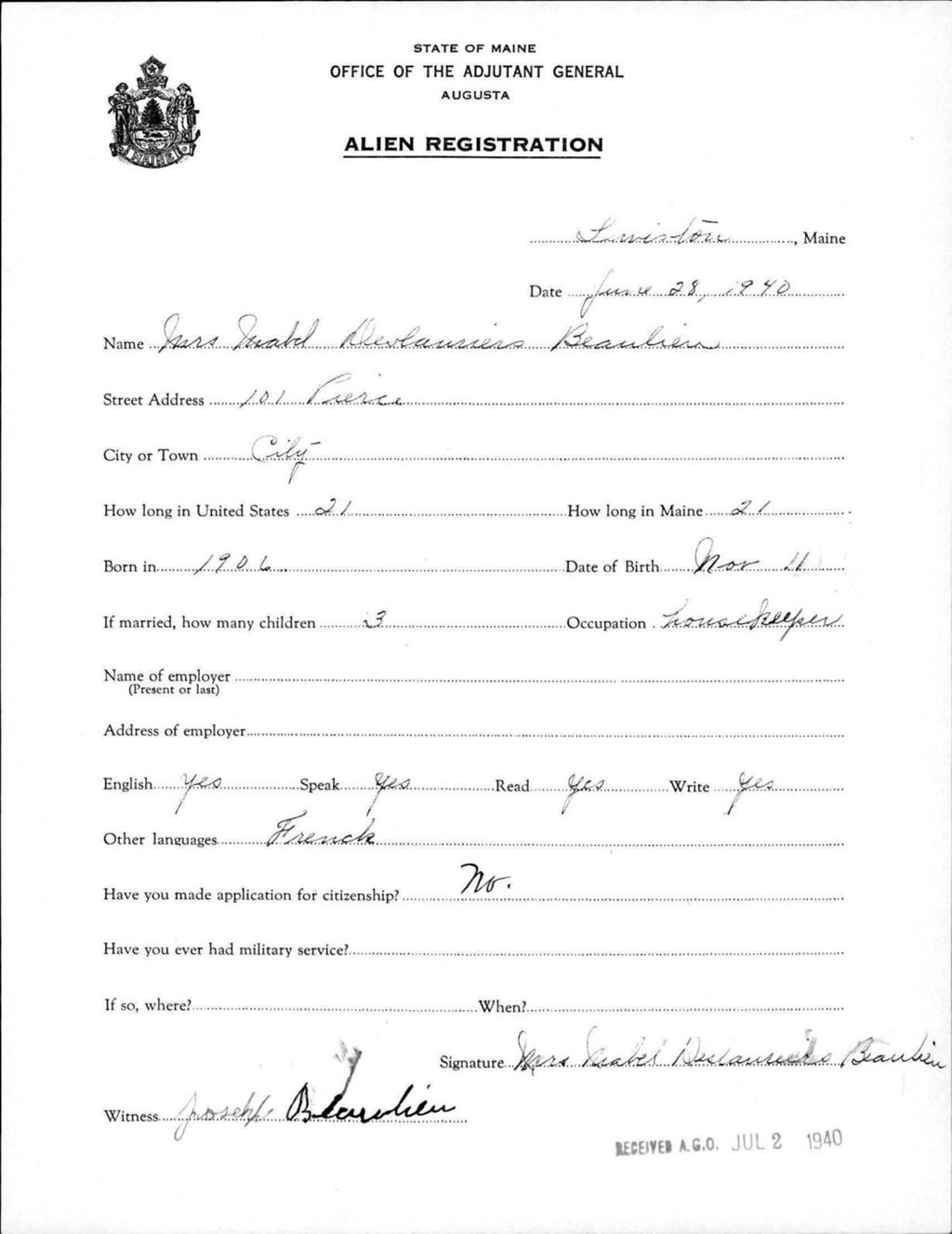Miniature of Alien Registration- Deslauriers, Mabel (Lewiston, Androscoggin County)