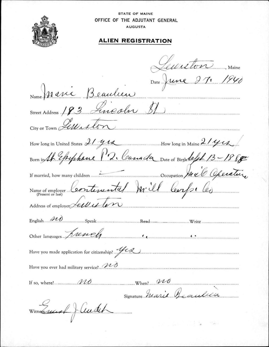 Miniature of Alien Registration- Beaulieu, Marie (Lewiston, Androscoggin County)