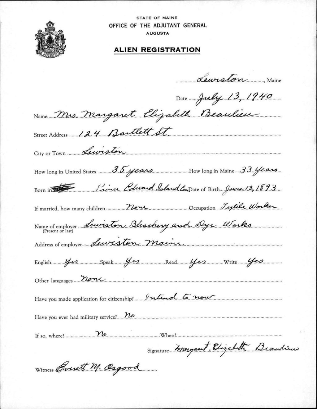 Miniature of Alien Registration- Beaulieu, Margaret E. (Lewiston, Androscoggin County)
