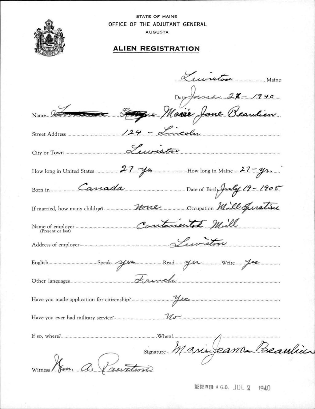 Miniature of Alien Registration- Beaulieu, Marie J. (Lewiston, Androscoggin County)