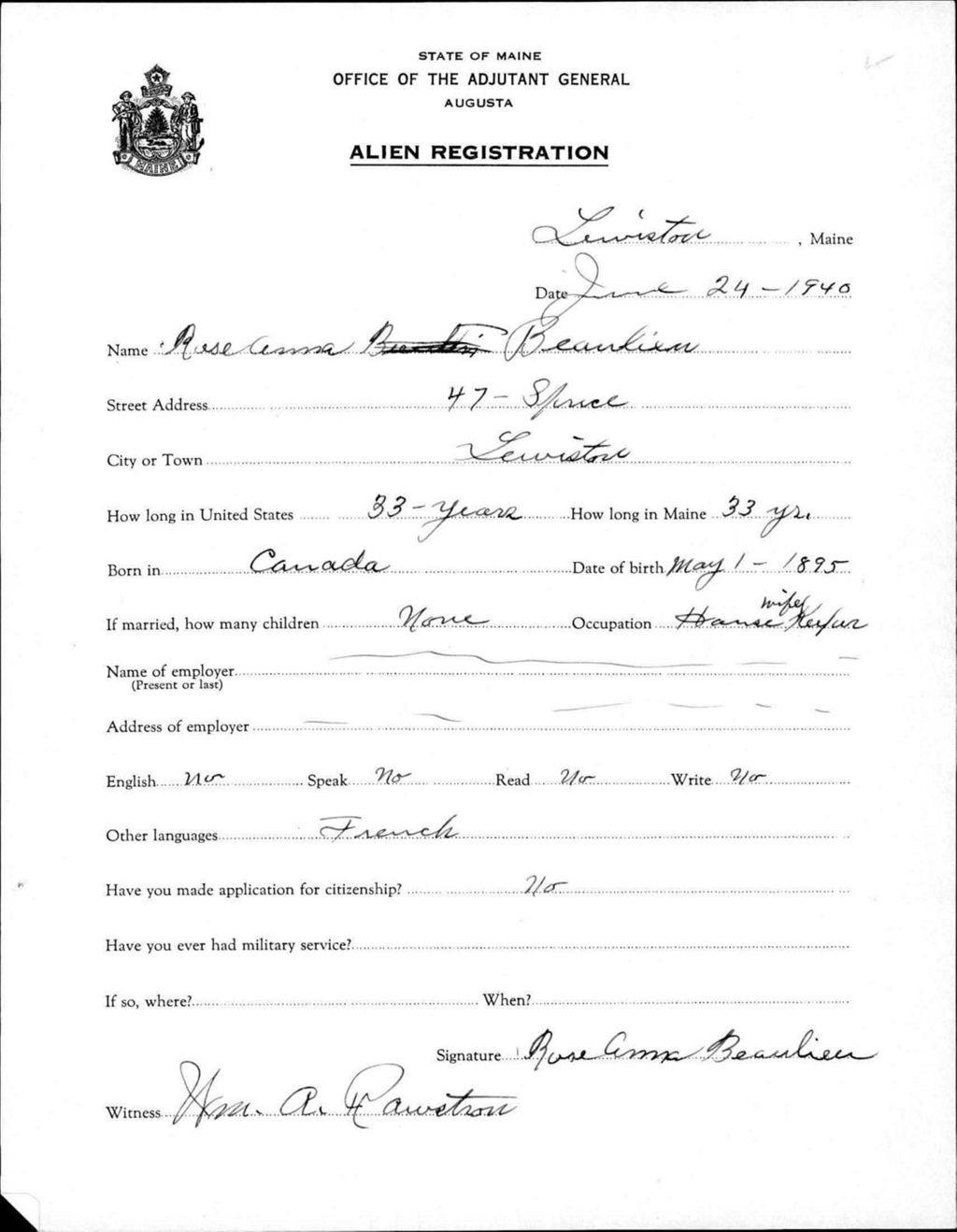 Miniature of Alien Registration- Beaulieu, Roseanna (Lewiston, Androscoggin County)