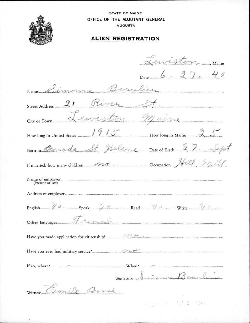 Miniature of Alien Registration- Beaulieu, Simone (Lewiston, Androscoggin County)