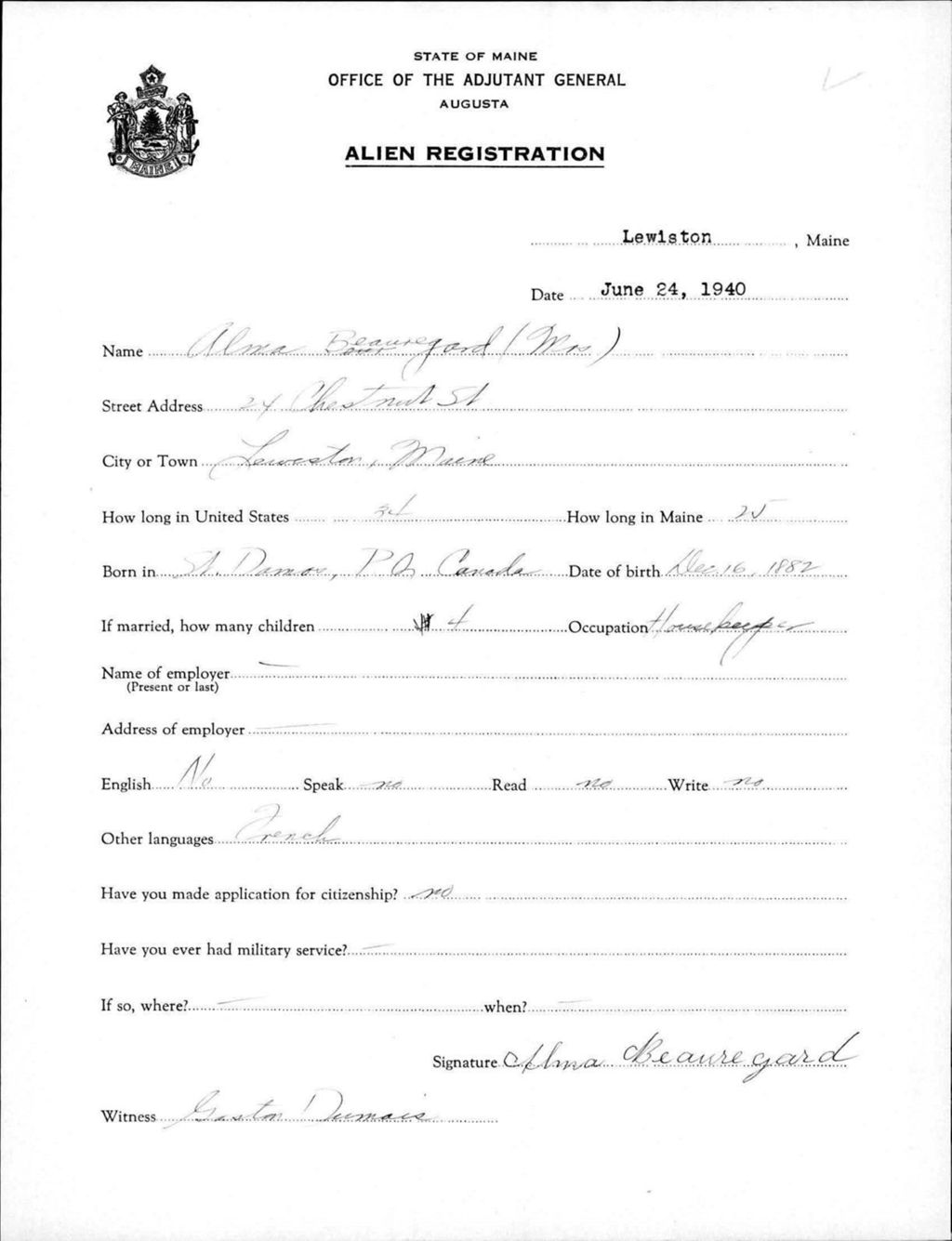 Miniature of Alien Registration- Beauregard, Alma (Lewiston, Androscoggin County)