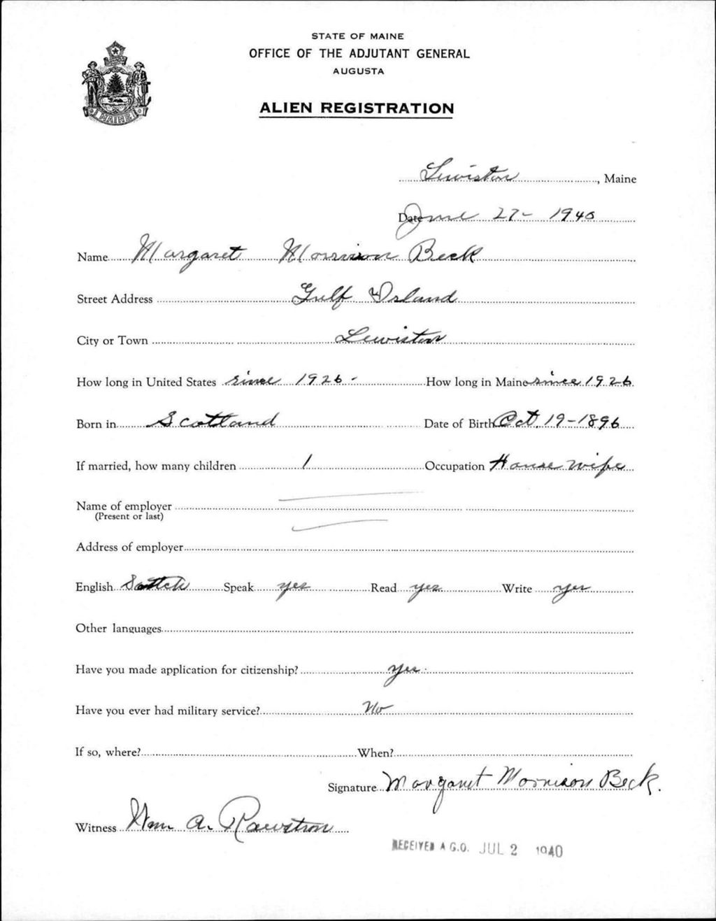 Miniature of Alien Registration- Morrison, Margaret (Lewiston, Androscoggin County)