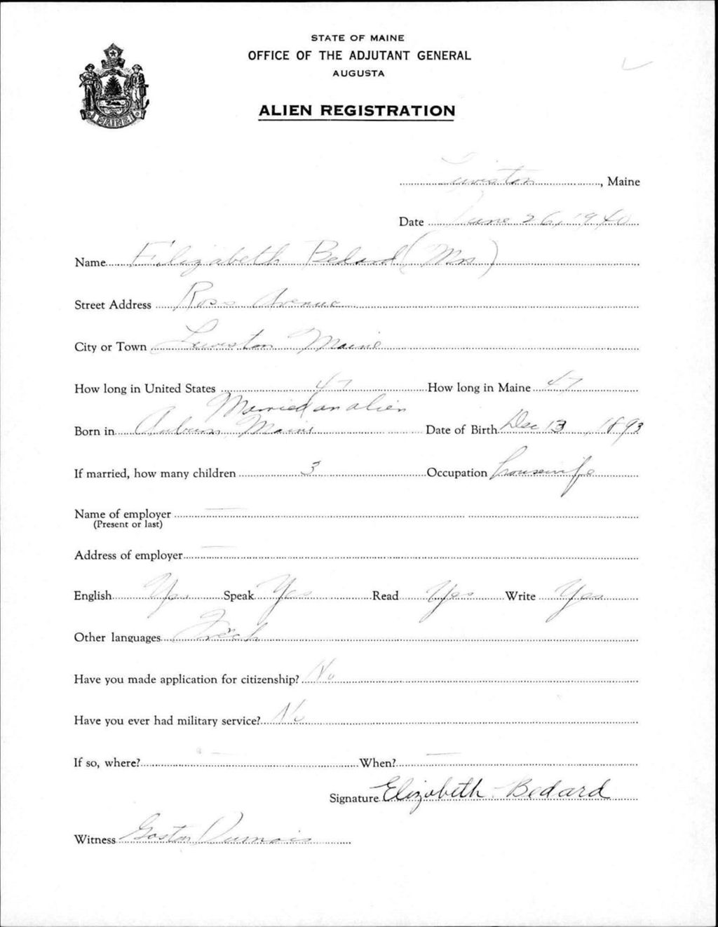 Miniature of Alien Registration- Bedard, Elizabeth (Lewiston, Androscoggin County)