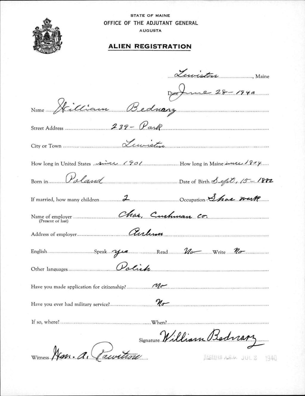 Miniature of Alien Registration- Bednarz, William (Lewiston, Androscoggin County)