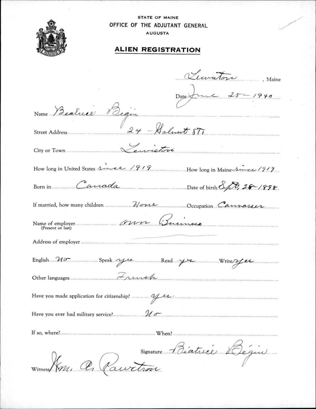 Miniature of Alien Registration- Begin, Beatrice (Lewiston, Androscoggin County)