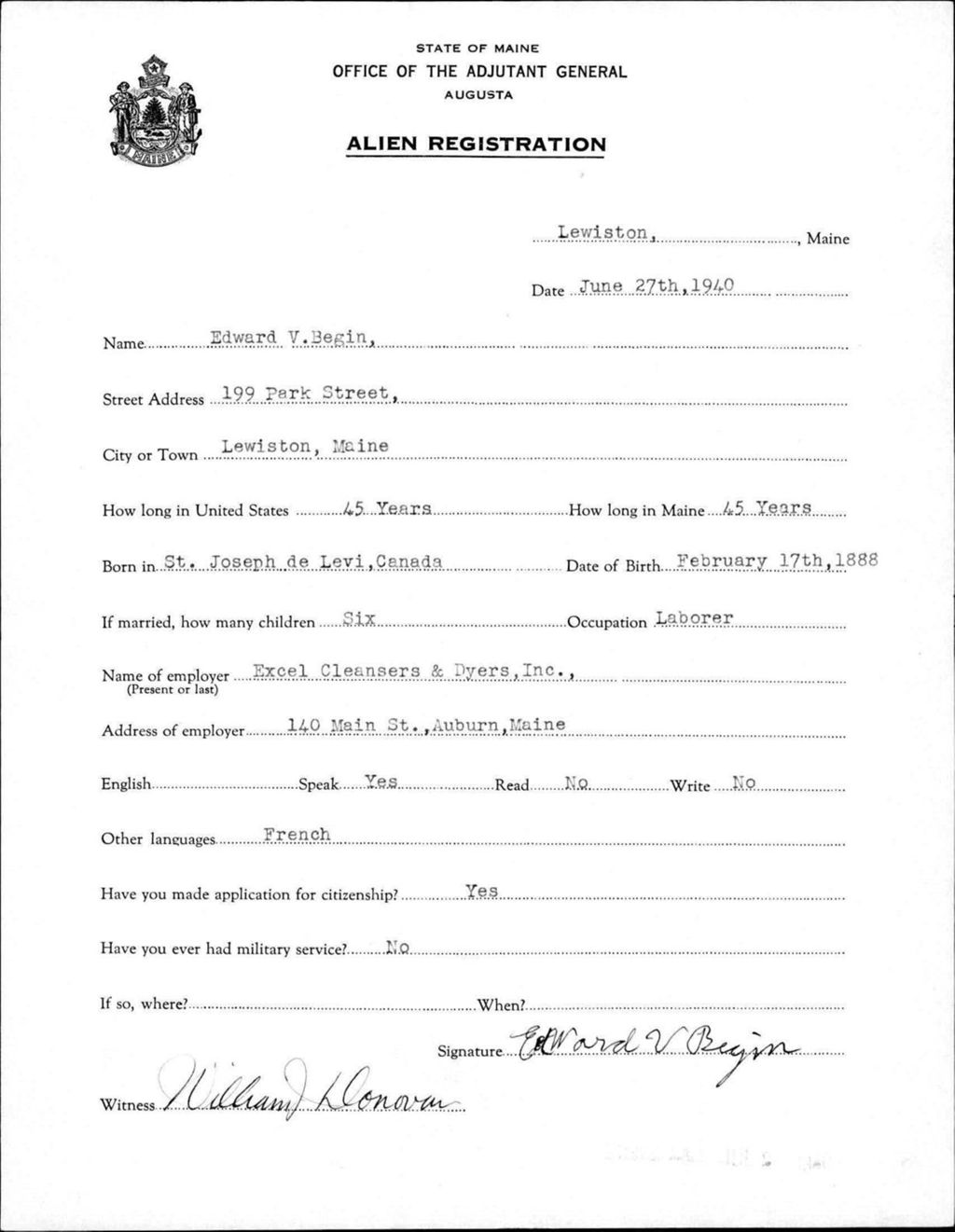 Miniature of Alien Registration- Begin, Edward V. (Lewiston, Androscoggin County)