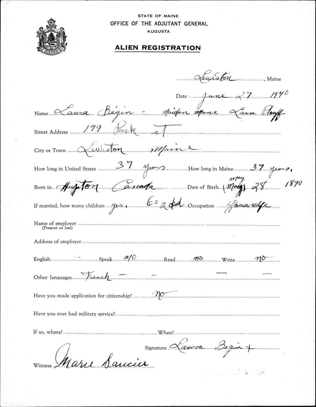 Miniature of Alien Registration- Plouff, Laura (Lewiston, Androscoggin County)