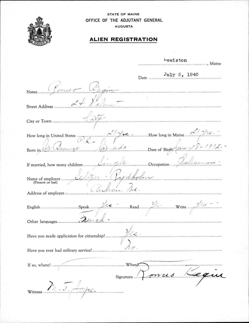 Miniature of Alien Registration- Begin, Romeo (Lewiston, Androscoggin County)