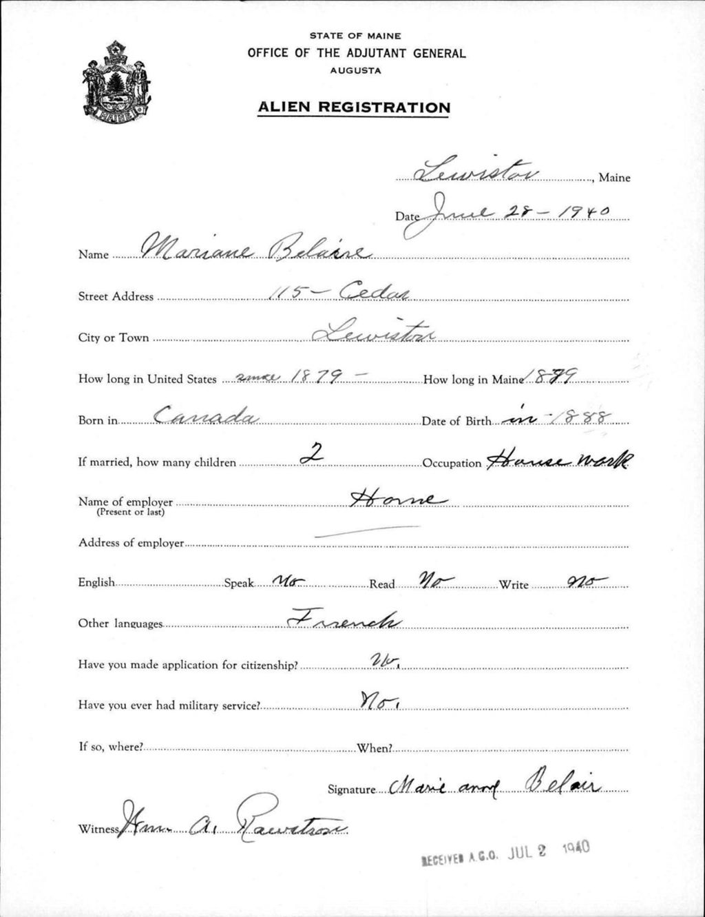 Miniature of Alien Registration- Belaire, Mariane (Lewiston, Androscoggin County)