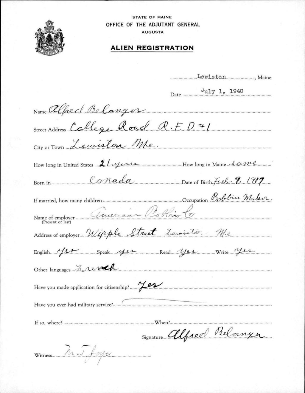 Miniature of Alien Registration- Belanger, Alfred (Lewiston, Androscoggin County)