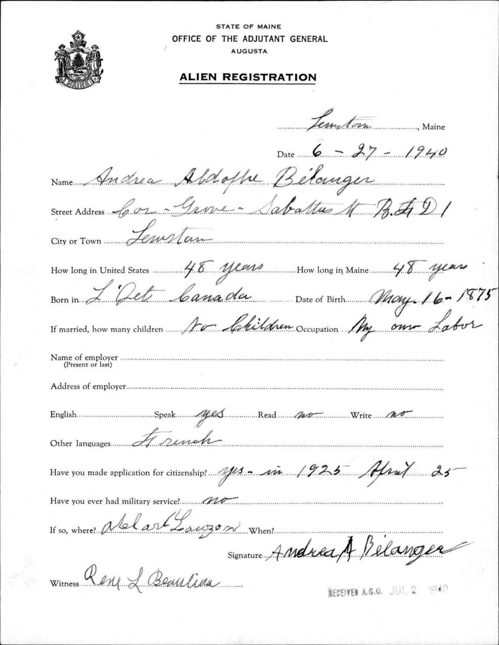Miniature of Alien Registration- Belanger, Andrea A. (Lewiston, Androscoggin County)